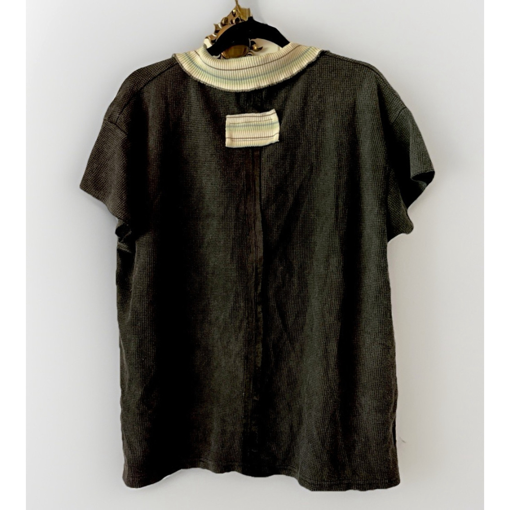 POL Waffle Knit Henley Top Women’s Large Black Contrast Collar Snap Side - Picture 2 of 5